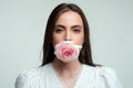 Rose flowers in a mouth. Beauty romantic woman with rose flowers. Valentines Day design. Pink rose in sensual sexy Royalty Free Stock Photo