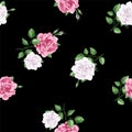 Rose flowers, petals and leaves in watercolor style on black background. Seamless pattern for textile, wrapping paper Royalty Free Stock Photo