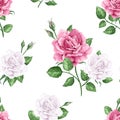 Rose flowers, petals and leaves in watercolor style on white background. Seamless pattern for textile, wrapping paper