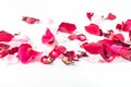 Rose flowers petals on white background. Valentines day background. Flat lay, top view, copy space Royalty Free Stock Photo