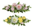 Rose flowers realistic borders. Flower decorative frame, tender flowers with leaves and burgeon, floral blossom elements