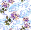 Rose flowers, scrolls, curves. Seamless winter watercolor floral pattern. Watercolor