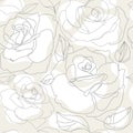 Rose flowers seamless pattern in Line art on neutral pastel background, vector illustration. Elegant style. Royalty Free Stock Photo