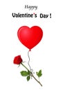 Rose flying on red heart balloon valentines card Royalty Free Stock Photo