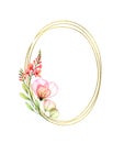 Rose and freesia flowers with golden oval frame and place for text. Watercolor hand painted illustration. Floral