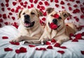 rose full hug red background petals dogs two lying taking cuddle love flower embracing bed selfie couple smartphone Royalty Free Stock Photo