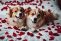 rose full hug red background petals dogs two lying taking cuddle love flower embracing bed selfie couple smartphone Royalty Free Stock Photo