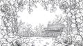 Black and White Rose Garden Bench - Coloring Book Page Royalty Free Stock Photo