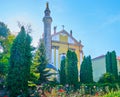 The rose garden in front of Catholic Cathedral, Kamianets-Podilskyi, Ukraine