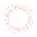 Holiday vector decor. Gold, pink and rose color round confetti dots, circles scatter on white. Fashionable bokeh background Royalty Free Stock Photo