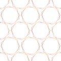 Rose gold foil hexagons seamless vector pattern background. Geometric metallic shiny copper foil shapes on white background.