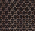 Rose gold foil Vector abstract seamless geometric doodle arches background. Copper arcs on black. Fish scale, elegant, oriental, Royalty Free Stock Photo