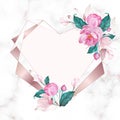 Rose gold heart frame decorated with pink flower in watercolor style Royalty Free Stock Photo