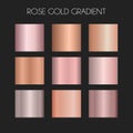 Rose gold gradient vector set, bronze foil texture isolated on black background. Pink golden shiny metallic background template Royalty Free Stock Photo