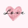 Rose gold hand painted heart with Love text. Pink heart banner