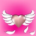 Rose gold heart with paper cut white abstract feather wings, valentine day vector illustration