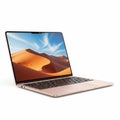 Rose Gold Laptop Open with Desert Landscape on Screen on White Background computer notebook Royalty Free Stock Photo