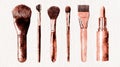 Rose Gold Makeup Brushes and Bottle on White Background Royalty Free Stock Photo