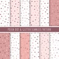 Rose gold polka dot and glitter seamless pattern collection. Set of 12 polka dot background texture. Pink gold glitter