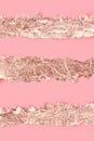 Rose gold strips torn on pink background, copy space, design template. Royalty Free Stock Photo