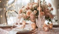 A rose gold-themed tabletop arrangement, where metallic accents harmonize with a soft color