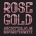 Rose Gold typeface. Golden pink patterned font. Isolated ornate english alphabet