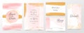 Rose gold wedding invitation cards template set. Abstract watercolor background of pink brush stroke splash Royalty Free Stock Photo