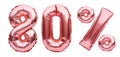 Rose golden eighty percent sign made of inflatable balloons isolated on white.Helium balloons, pink foil numbers.Sale decoration,