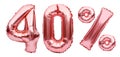 Rose golden fourty percent sign made of inflatable balloons isolated on white.Helium balloons, pink foil numbers. Sale decoration