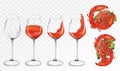 Rose grapes wine in glasses on transparent background. Glasses empty and with wine. Splashes rose wine. Wine grapes