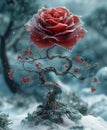 Rose is growing on bonsai tree in winter fairy tale setting.