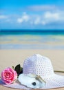 Rose ,hat and black pearls of Tahiti before sea Royalty Free Stock Photo