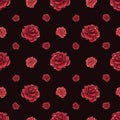 Rose heads on black background. Deep red flowers. Seamless pattern of summer ruby plants. Realistic blooming scarlet