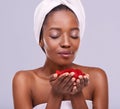 A rose and her petals. A studio shot of a beautiful young woman holding red petals and wearing a towel on her head. Royalty Free Stock Photo