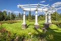 The Rose Hill Rose Garden in Manito Park, Spokane Washington, with a white pergola and roses in bloom Royalty Free Stock Photo