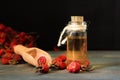 Rosehip oil on wooden background with red fruits Royalty Free Stock Photo