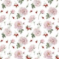 Rose hip pink flowers with buds, red berries and leaves, watercolor seamless pattern on white background. Royalty Free Stock Photo