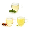 Rose hip tea, mint tea and chamomile tea, collection Royalty Free Stock Photo