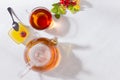 Rose hip tea with teapot, cup, honey, autumn rose hip branch in sunny day with shadows on white wood table top view, copy space. Royalty Free Stock Photo