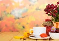 Rose hips, rowan berries, cup tea on background autumn leaves. Royalty Free Stock Photo