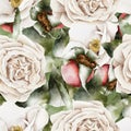 Rose hips among white roses vintage watercolor seamless pattern