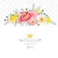 Rose, narcissus, pink flowers, ranunculus and decorative eucaliptus leaves vector design card.