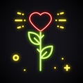 Rose neon sign. Bright flower with heart shape in the dark. Love light symbol. Girl, night club, party, tattoo theme.