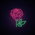 Rose neon sign. Light flower on brick wall background.