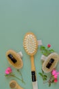 Rose oil. Spa, massage and aromatherapy. Massage brushes set, oil in glass bottles and rose flowers on a green Royalty Free Stock Photo