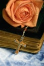 Rose old bible and cross Royalty Free Stock Photo