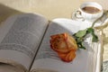 Rose with orange petals on an open book and a cup of coffee