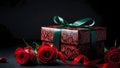 Rose-patterned gift box with green ribbon and red roses on a dark background Royalty Free Stock Photo