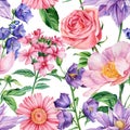 Rose, peonies, clematis, bluebell and verbena flower background template. Watercolor floral Seamless pattern