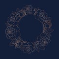 Rose peony flowers bloom blossom wreath round circle decoration. Copper gold shiny outline navy dark blue background. Royalty Free Stock Photo